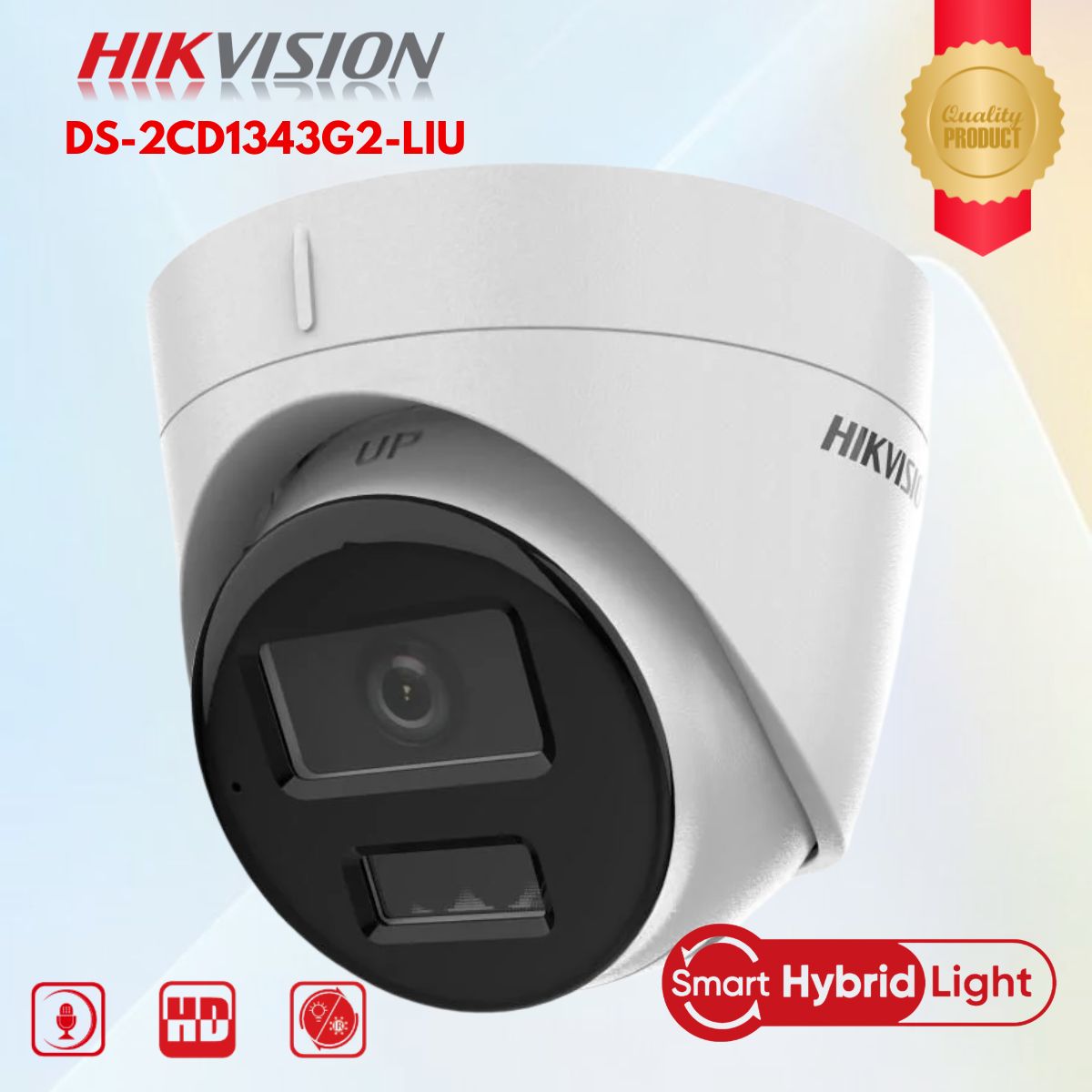 Camera Ip Turret Hikvision DS-2CD1343G2-LIU 4Mp Smart Hybrid Light 30m, Tích hợp Mic, Phát hiện chuyển động, 12VDC/PoE
