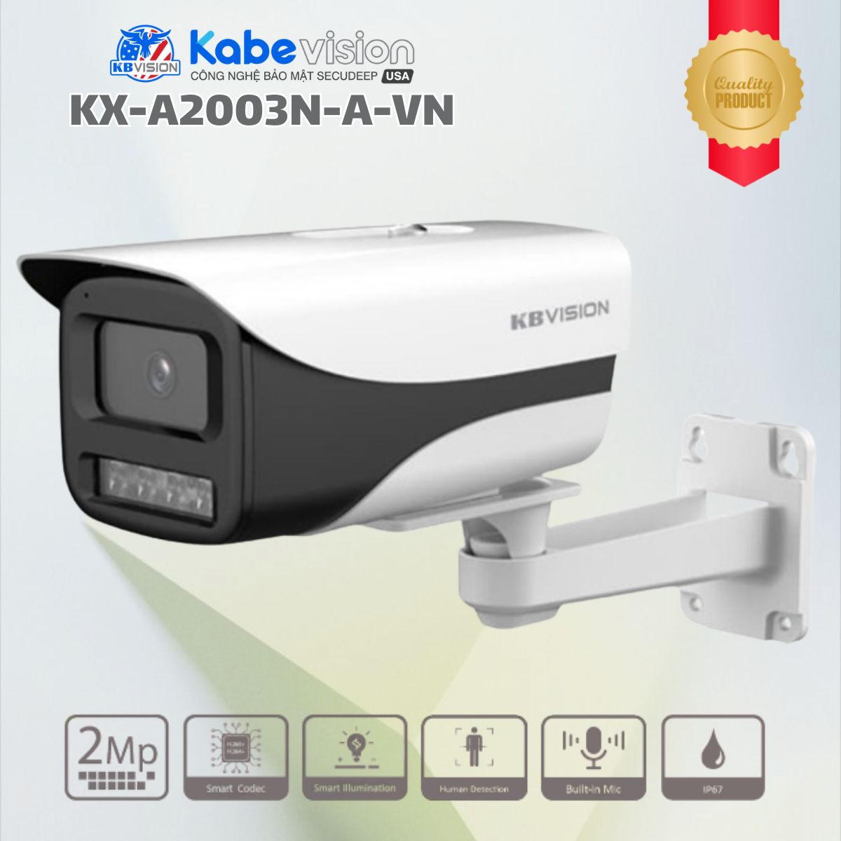 Camera IP thân cố định ngoài trời 2MP Kabevision KX-A2003N-A-VN, Tích Hợp Mic, AI Phát Hiện Con Người, Vỏ Kim Loại Chống Nước IP67