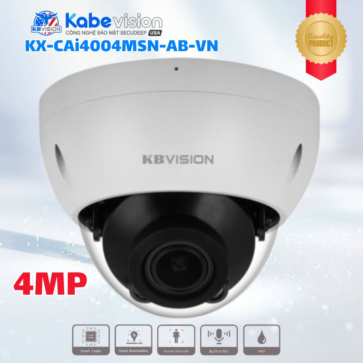 Camera IP Dome 4MP Kabevision KX-CAi4004MSN-AB-VN - Tích hợp Mic, Nhận diện người và xe, IR40m,  Cảm biến Sony, Zoom quang học