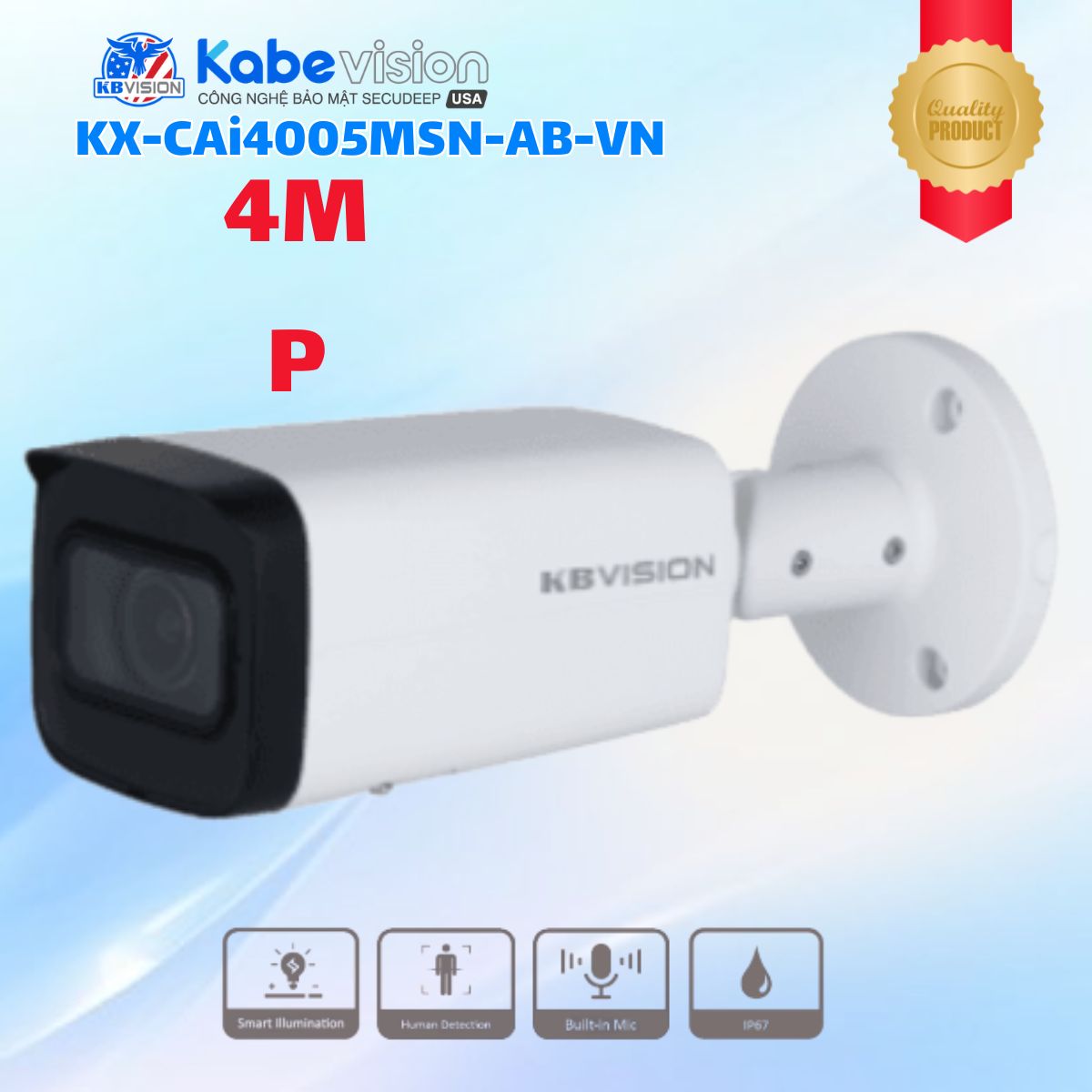 Camera IP Ngoài trời Kabevision KX-CAi4005MSN-AB-VN 4MP, Tích hợp Mic, IR60m, Công nghệ Starlight, Hỗ trợ PoE, Thẻ nhớ up to 256GB
