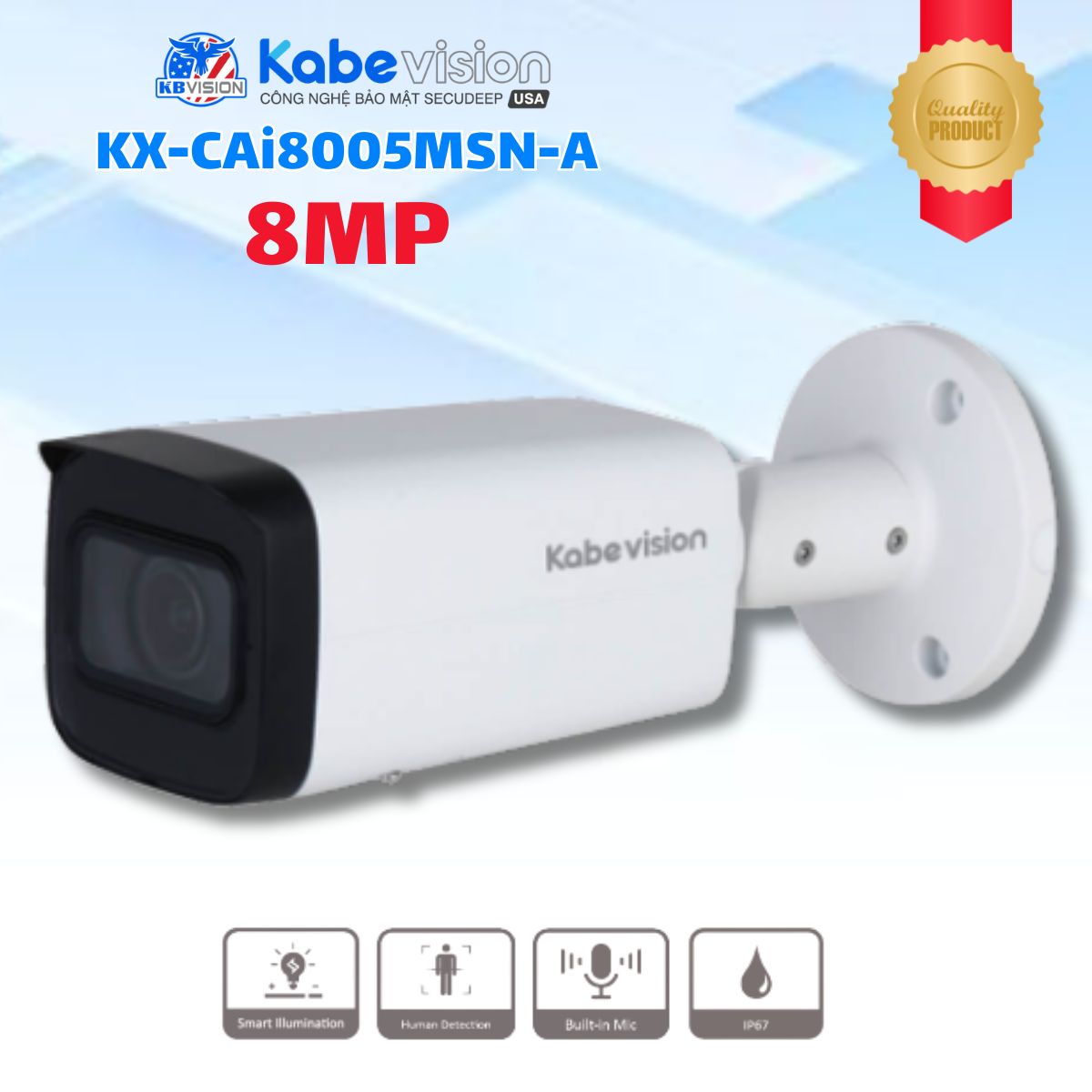Camera IP thân 8MP Kabevision KX-CAi8005MSN-A - Ống Kính Motorized 2.7mm-13.5mm, Phân biệt Người/Xe, Có Mic, IR60m, IP67