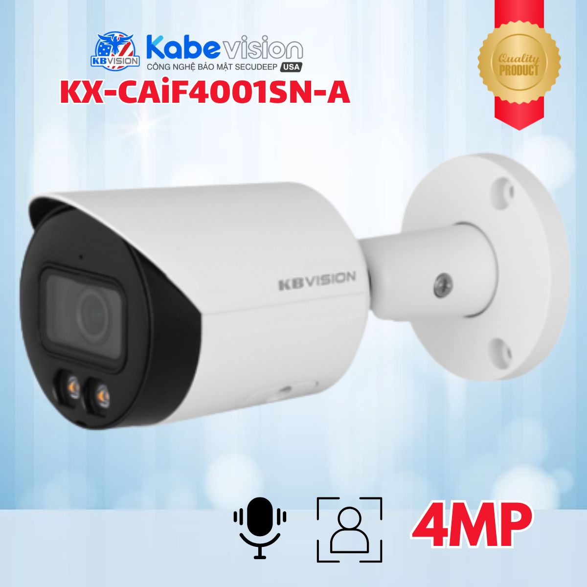 Camera IP ngoài trời Kabevision KX-CAiF4001SN-A 4MP - Xem đêm có màu, Tích hợp Mic, Phân biệt người & xe, LED 30m, Hỗ trợ thẻ nhớ up to 256GB, IP67
