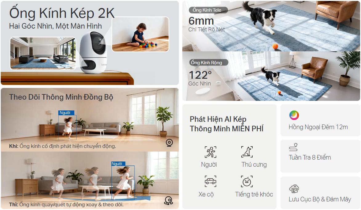 Camera Wifi ống kính kép 2K Tapo C245D Phát hiện người, xe, thú cưng, Đàm thoại 2 chiều, Hồng ngoại 12m 