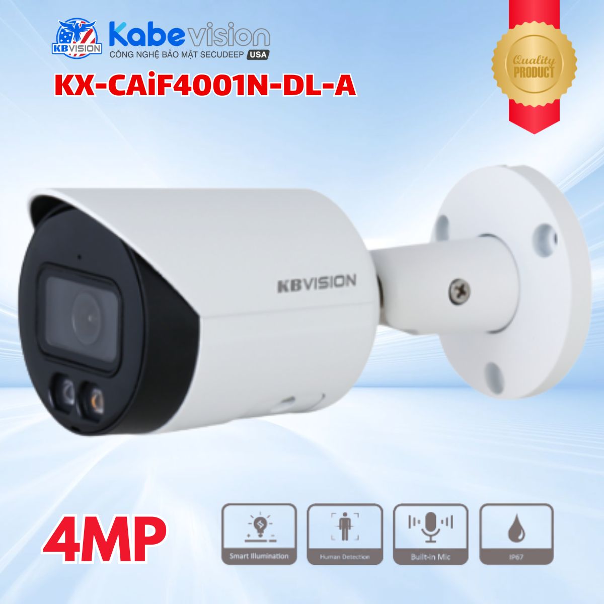 Camera IP thân ánh sáng kép Kabevision KX-CAiF4001N-DL-A 4MP - Cảm biến Sony Starvis, Hồng ngoại 30m + LED Full Color 30m, Tích hợp Mic, IP67