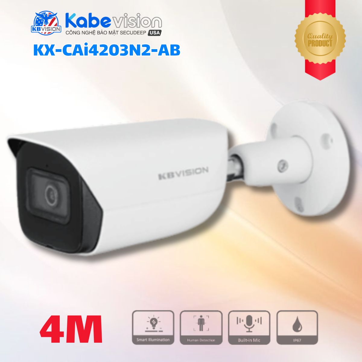Camera IP thân trụ ngoài trời Kabevision KX-CAi4203N2-AB 4MP, Hỗ trợ Starlight, Hồng ngoại 50m, Tích hợp Mic, IP67