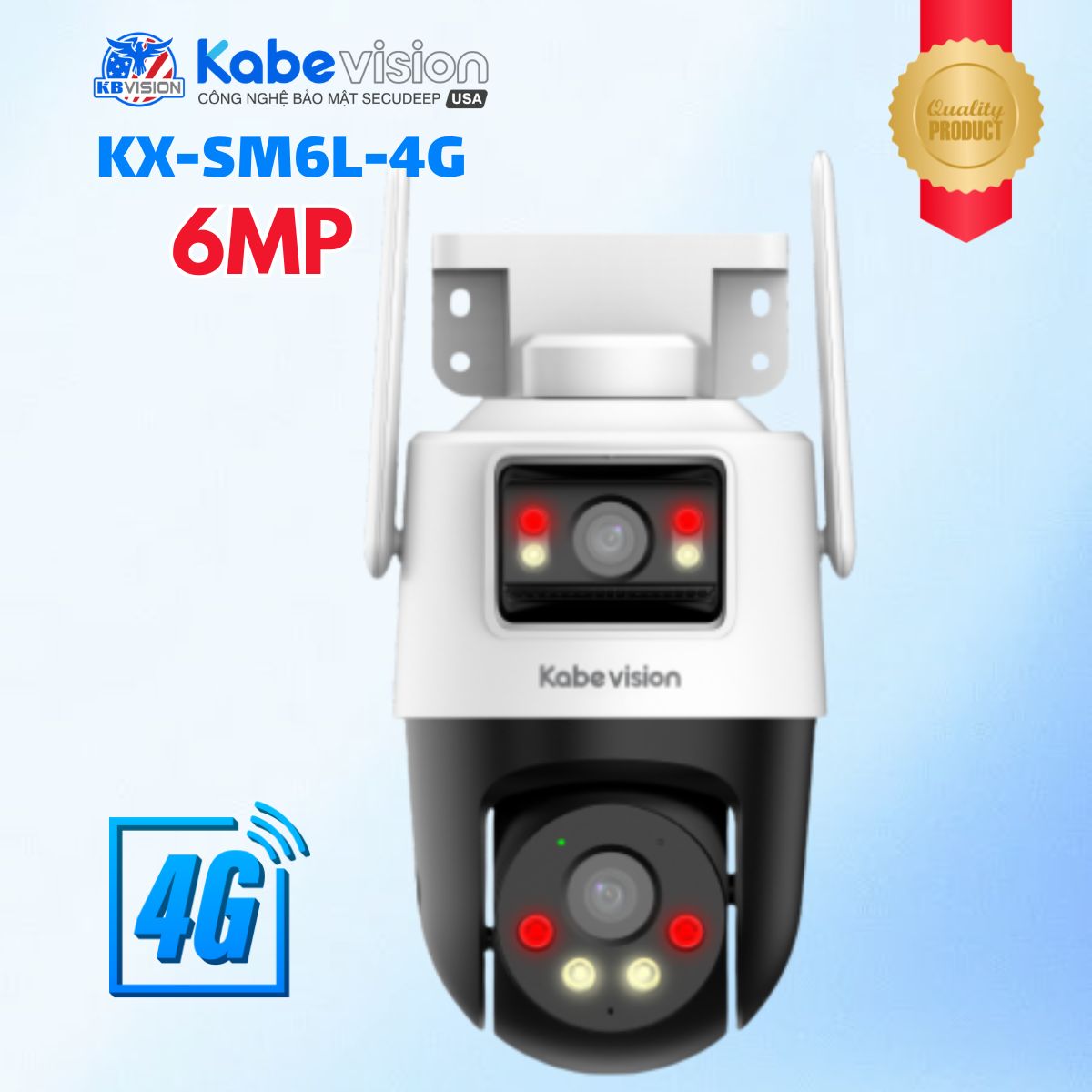 Camera 4G hai ống kính 6MP (3MP + 3MP) Kabevision KX-SM6L-4G, Cảnh báo đèn & còi, Đàm thoại 2 chiều, Nhận diện người và xe, LED/IR30m, IP66