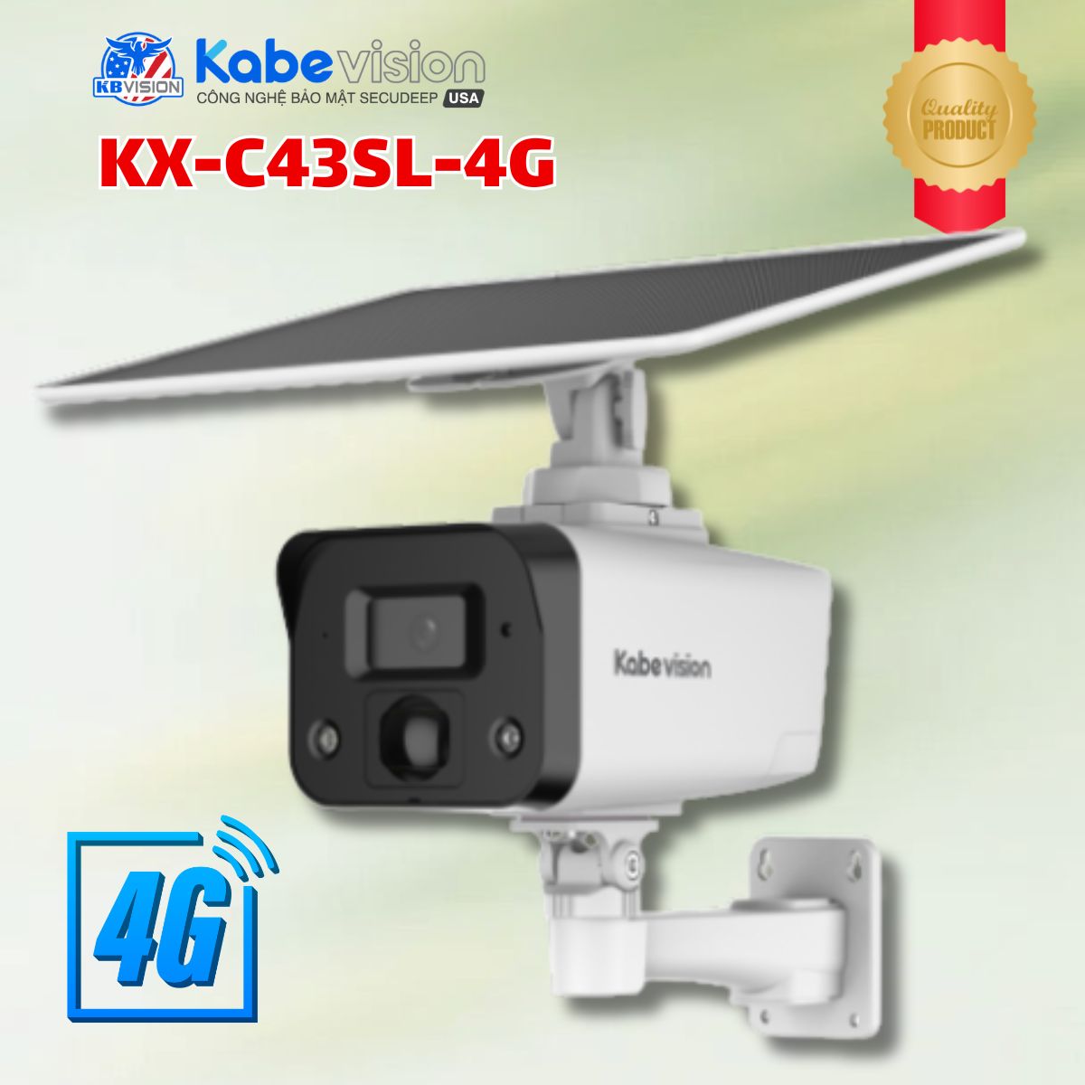 Camera 4G Năng lượng mặt trời Kabevision KX-C43SL-4G 4MP, Còi hú, Đèn chớp cảnh báo, Tích hợp cảm biến PIR, Thẻ nhớ 512GB, IR 30m + Đèn LED Full Color 20m