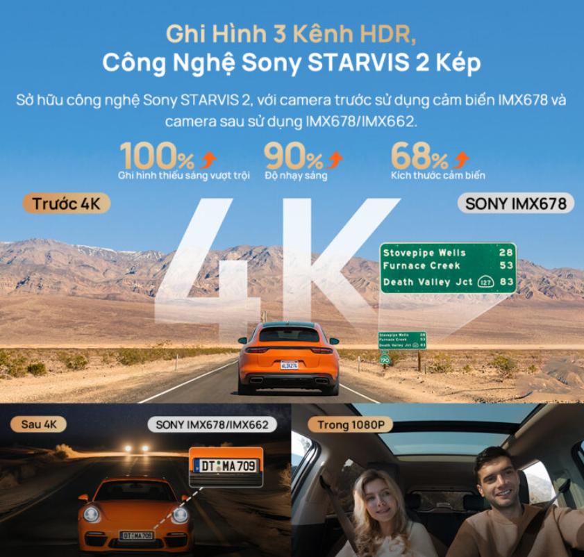 Camera hành trình 70mai T800-41 Ghi hình 3 kênh 4K, Kết nối 4G LTE, Giám sát đỗ xe AI, Tích hợp GPS & ADAS
