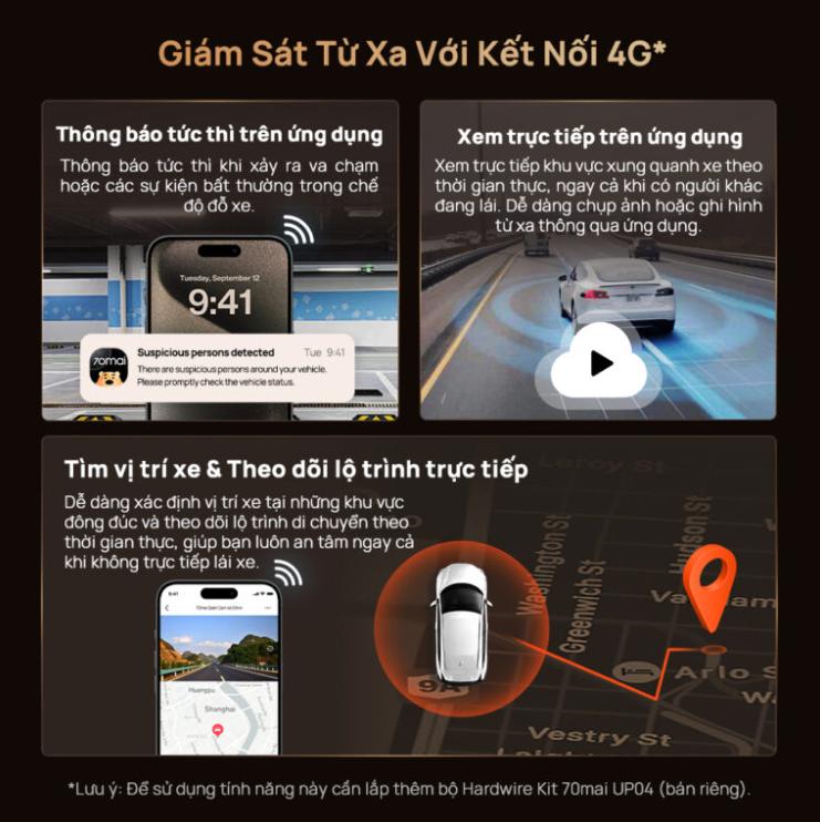 Camera hành trình 70mai T800-41 Ghi hình 3 kênh 4K, Kết nối 4G LTE, Giám sát đỗ xe AI, Tích hợp GPS & ADAS