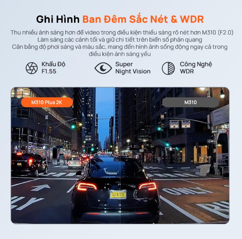 Camera hành trình 70mai M310 Plus 2K Ống kính xoay 360 độ, Giám sát đỗ xe 24h, Công nghệ Super Night Vision, Điều khiển giọng nói