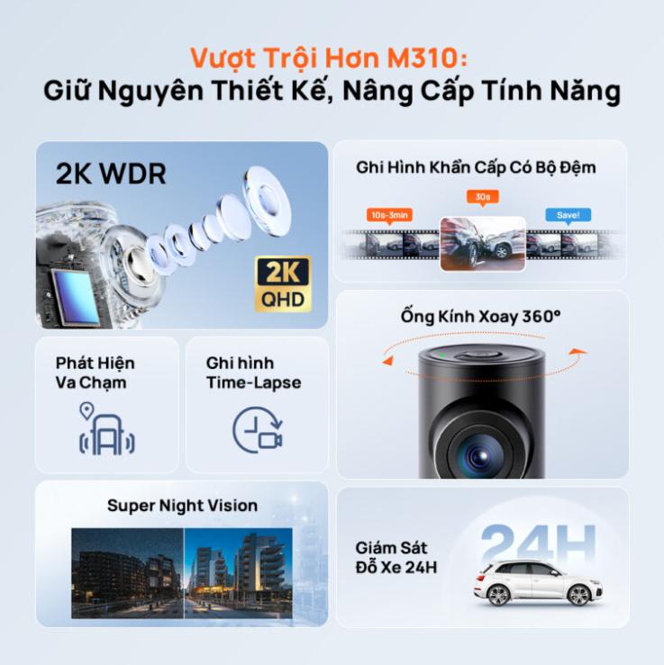 Camera hành trình 70mai M310 Plus 2K Ống kính xoay 360 độ, Giám sát đỗ xe 24h, Công nghệ Super Night Vision, Điều khiển giọng nói