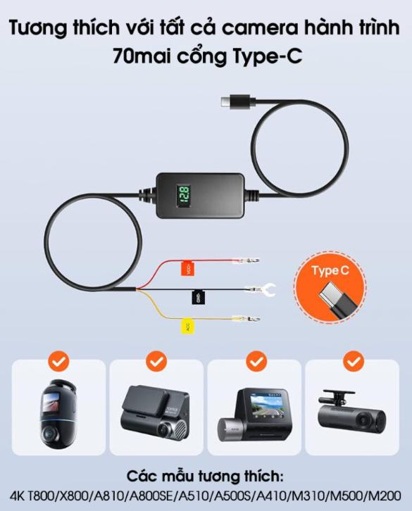 Kit nguồn Hardwire Kit 70mai UP06 - 3 mức điều chỉnh, Giám sát đỗ xe 24/7, Nguồn 5V/2.4A, Tích hợp màn hình hiển thị