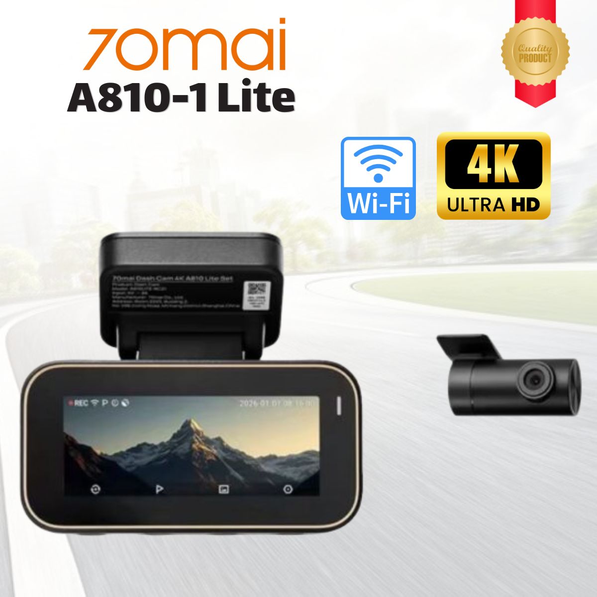 Camera hành trình trước sau 70mai A810-1 Lite 4K, Màn hình IPS 3.18 inch, Kết nối Wi-Fi 6 & Bluetooth, Giám sát 24h 