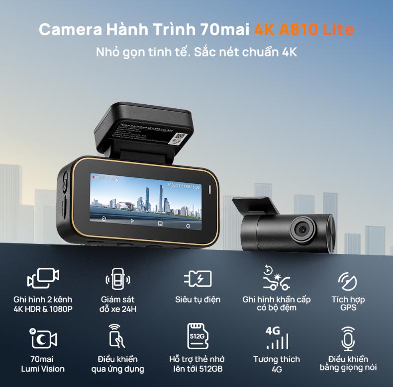 Camera hành trình trước sau 70mai A810-1 Lite 4K, Màn hình IPS 3.18 inch, Kết nối Wi-Fi 6 & Bluetooth, Giám sát 24h 