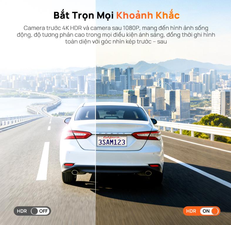 Camera hành trình trước sau 70mai A810-1 Lite 4K, Màn hình IPS 3.18 inch, Kết nối Wi-Fi 6 & Bluetooth, Giám sát 24h 