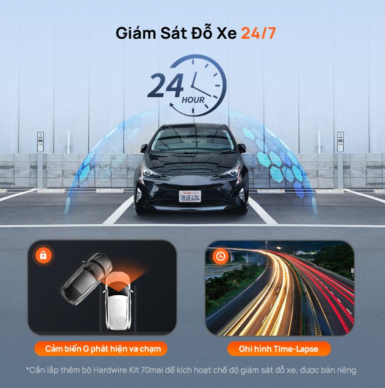 Camera hành trình trước sau 70mai A810-1 Lite 4K, Màn hình IPS 3.18 inch, Kết nối Wi-Fi 6 & Bluetooth, Giám sát 24h 