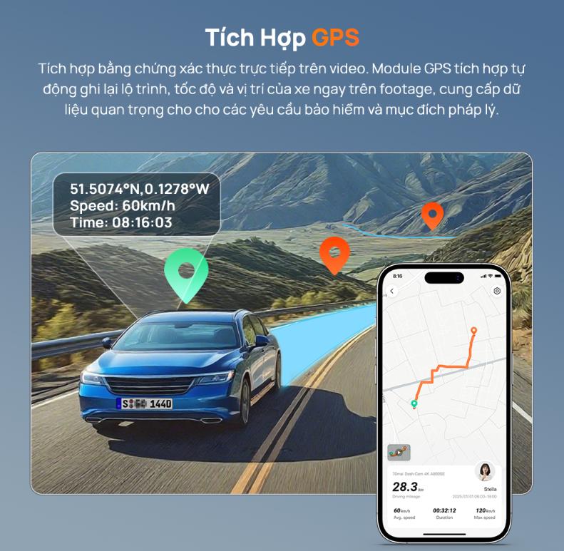 Camera hành trình trước sau 70mai A810-1 Lite 4K, Màn hình IPS 3.18 inch, Kết nối Wi-Fi 6 & Bluetooth, Giám sát 24h 