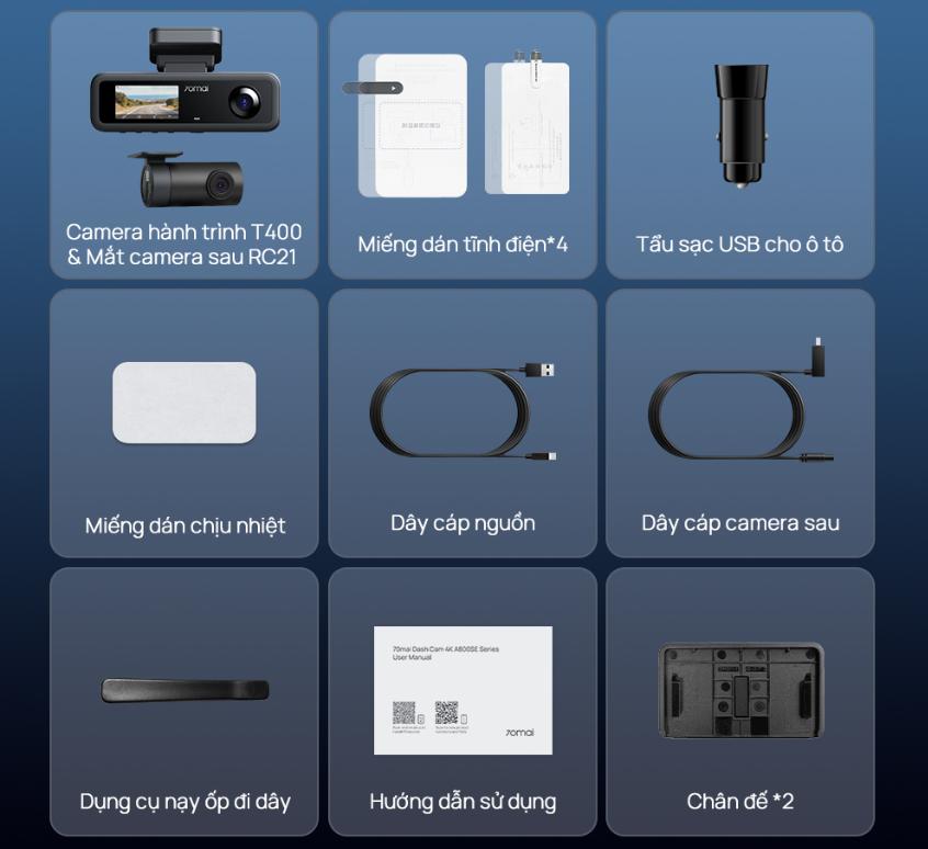 Camera hành trình 3 mắt 70mai T400 Độ phân giải 2,5K, 1440P HDR 1080P, Tích hợp GPS & Wi-Fi tốc độ cao, Giám sát đỗ xe 24h