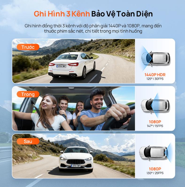 Camera hành trình 3 mắt 70mai T400 Độ phân giải 2,5K, 1440P HDR 1080P, Tích hợp GPS & Wi-Fi tốc độ cao, Giám sát đỗ xe 24h