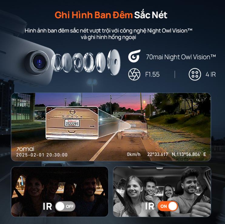 Camera hành trình 3 mắt 70mai T400 Độ phân giải 2,5K, 1440P HDR 1080P, Tích hợp GPS & Wi-Fi tốc độ cao, Giám sát đỗ xe 24h
