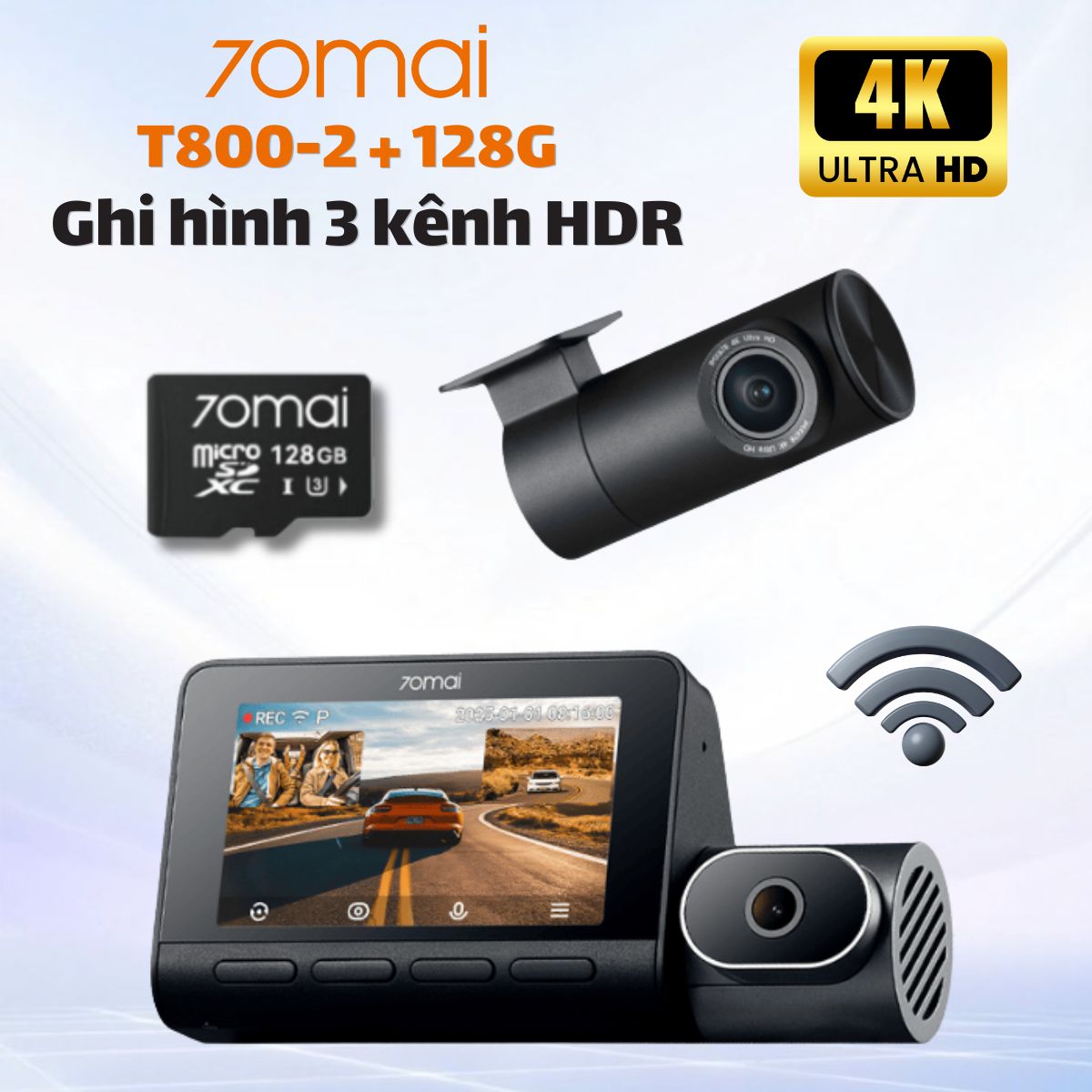 Camera hành trình 3 mắt 70mai T800-2 + 128G, Tích hợp GPS & ADAS, Kết nối 4G LTE*, Công nghệ Sony STARVIS 2 kép