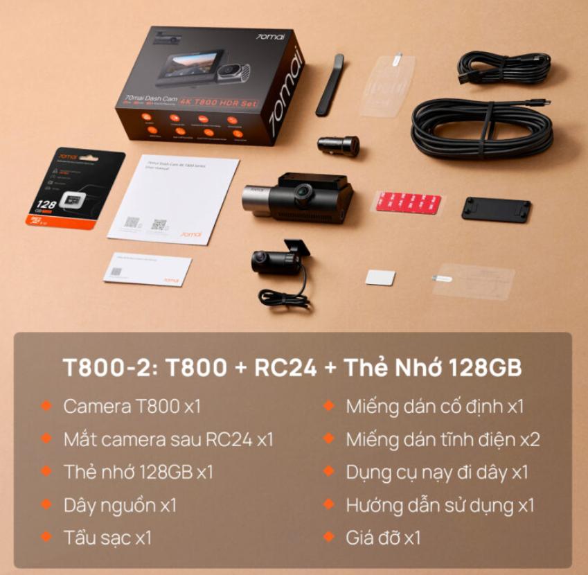 Camera hành trình 3 mắt 70mai T800-2 + 128G, Tích hợp GPS & ADAS, Kết nối 4G LTE*, Công nghệ Sony STARVIS 2 kép