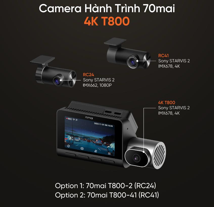 Camera hành trình 3 mắt 70mai T800-2 + 128G, Tích hợp GPS & ADAS, Kết nối 4G LTE*, Công nghệ Sony STARVIS 2 kép