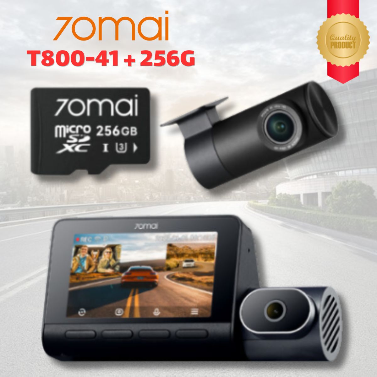 Camera hành trình 3 mắt 70mai T800-41 + 256G, Ghi hình Trước, Trong & Sau, Màn hình IPS 3 inch, Giám sát đỗ xe 24h, Hỗ trợ GPS & cảnh báo ADAS