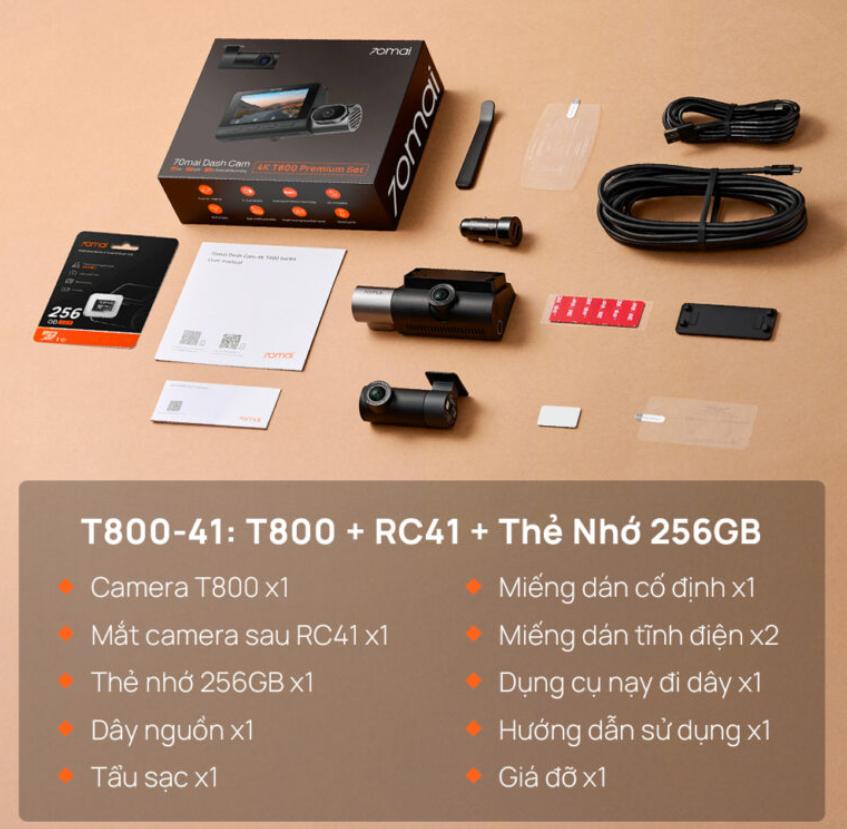 Camera hành trình 3 mắt 70mai T800-41 + 256G, Ghi hình Trước, Trong & Sau, Màn hình IPS 3 inch, Giám sát đỗ xe 24h, Hỗ trợ GPS & cảnh báo ADAS