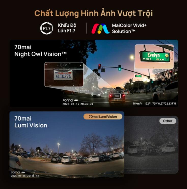 Camera hành trình 3 mắt 70mai T800-41 + 256G, Ghi hình Trước, Trong & Sau, Màn hình IPS 3 inch, Giám sát đỗ xe 24h, Hỗ trợ GPS & cảnh báo ADAS