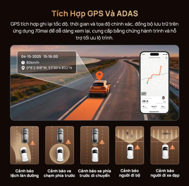 Camera hành trình 3 mắt 70mai T800-41 + 256G, Ghi hình Trước, Trong & Sau, Màn hình IPS 3 inch, Giám sát đỗ xe 24h, Hỗ trợ GPS & cảnh báo ADAS