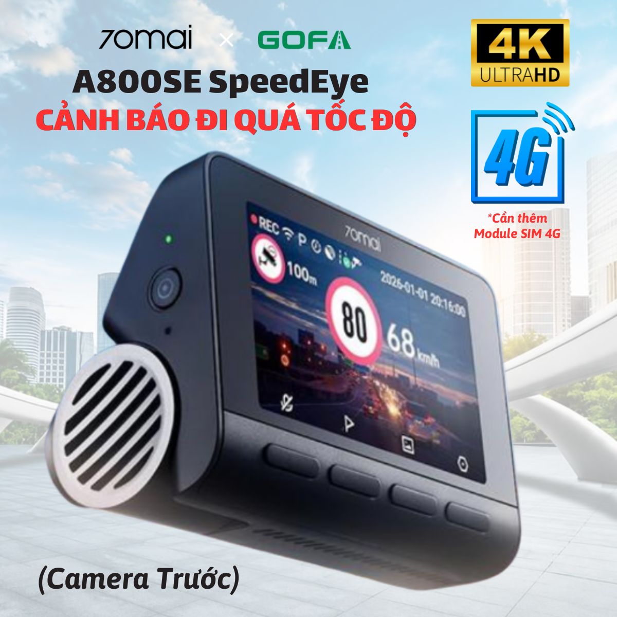 Camera hành trình cảnh báo tốc độ 70mai A800SE SpeedEye Ghi hình 4K, Hỗ trợ kết nối thêm modul 4G ( Bản cam trước )