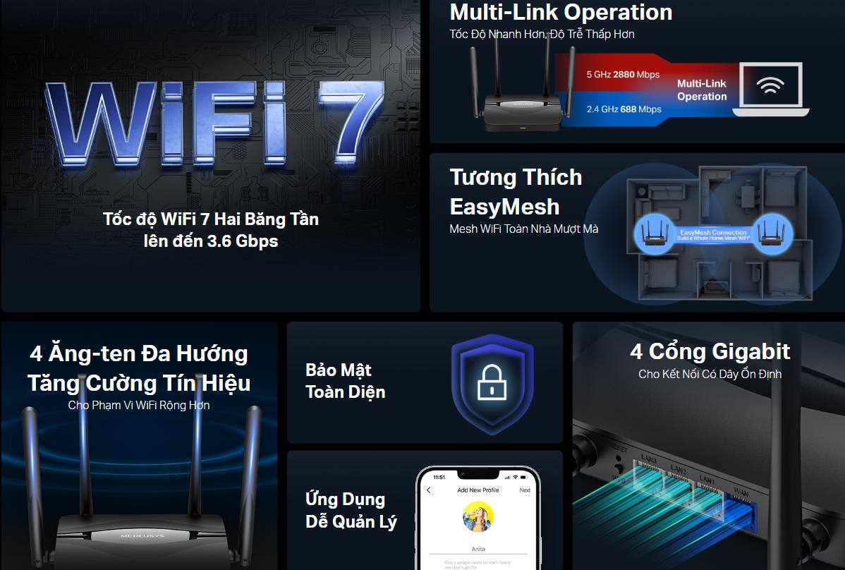 Mercusys MR25BE Router Wi-Fi 7 Băng tần kép BE3600, Tốc độ 3.6 Gbps Mbps, 4 Cổng Gigabit, 4 Ăng-ten đa hướng, Bảo Mật WPA3