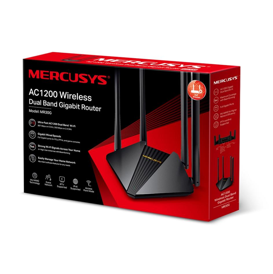 Bộ định tuyến Gigabit băng tần kép không dây AC1200 Mercusys MR30G Tốc độ 1,2 Gbps, 4 Ăng-ten, Công nghệ MU-MIMO & Beamforming 
