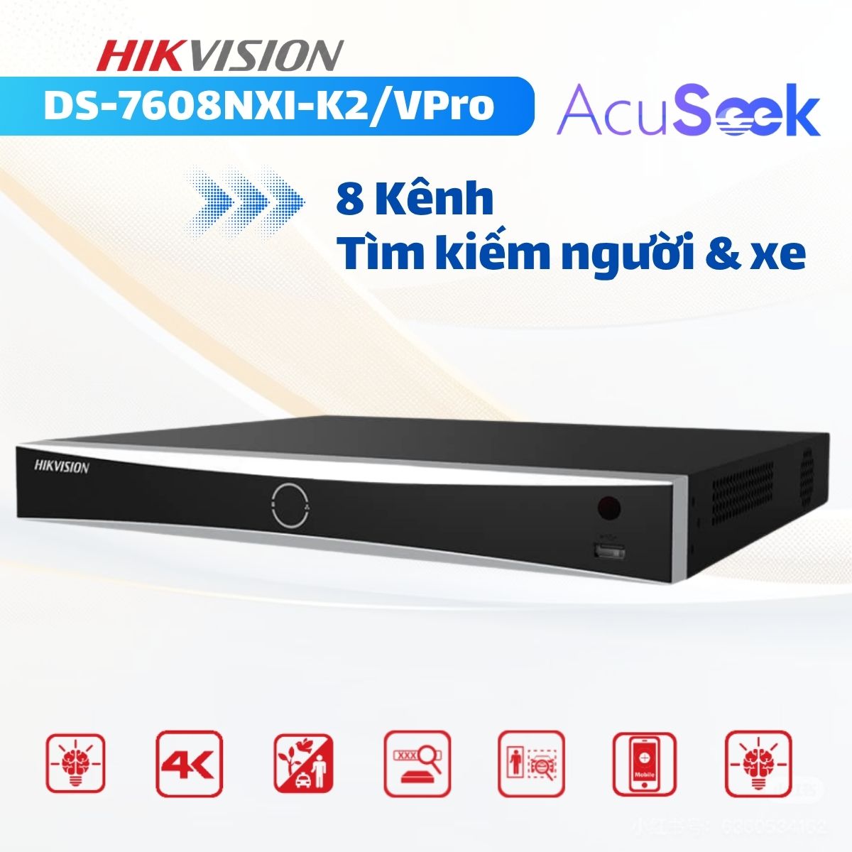 Đầu ghi AcuSeek Hikvision DS-7608NXI-K2/VPro 8 Kênh, Tìm kiếm thông minh người, xe cộ bằng mô tả, 2 Sata HDD