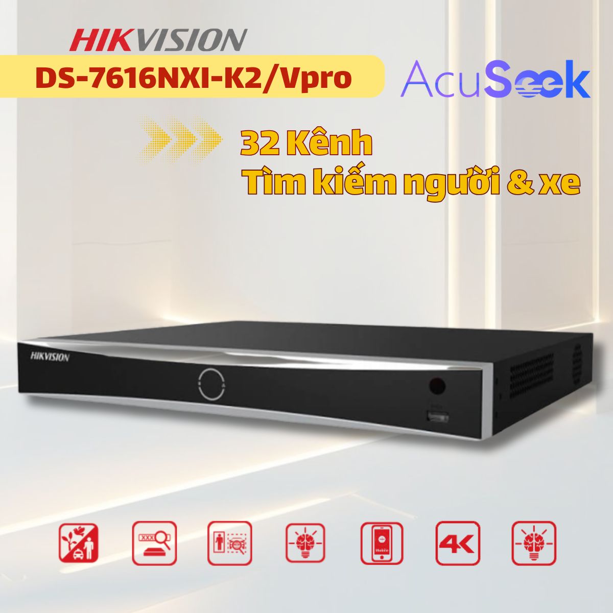 Đầu ghi AcuSeek Hikvision DS-7632NXI-K2/VPro 32 kênh, Tìm kiếm thông minh bằng mô tả người, xe cô, thú cưng, 2 Sata HDD