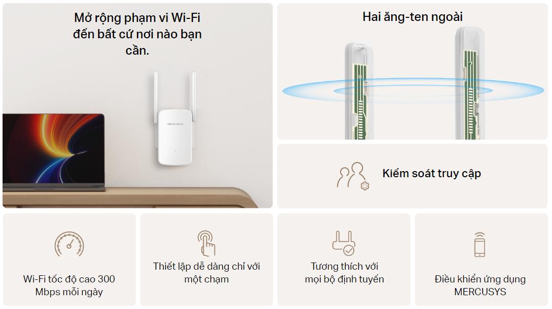 Bộ Mở Rộng Sóng Wi-Fi Mercusys ME12 N300 Tốc Độ 300Mbps, 2 Ăng-ten ngoài, Bảo Mật WPA3, Kiểm Soát Truy Cập