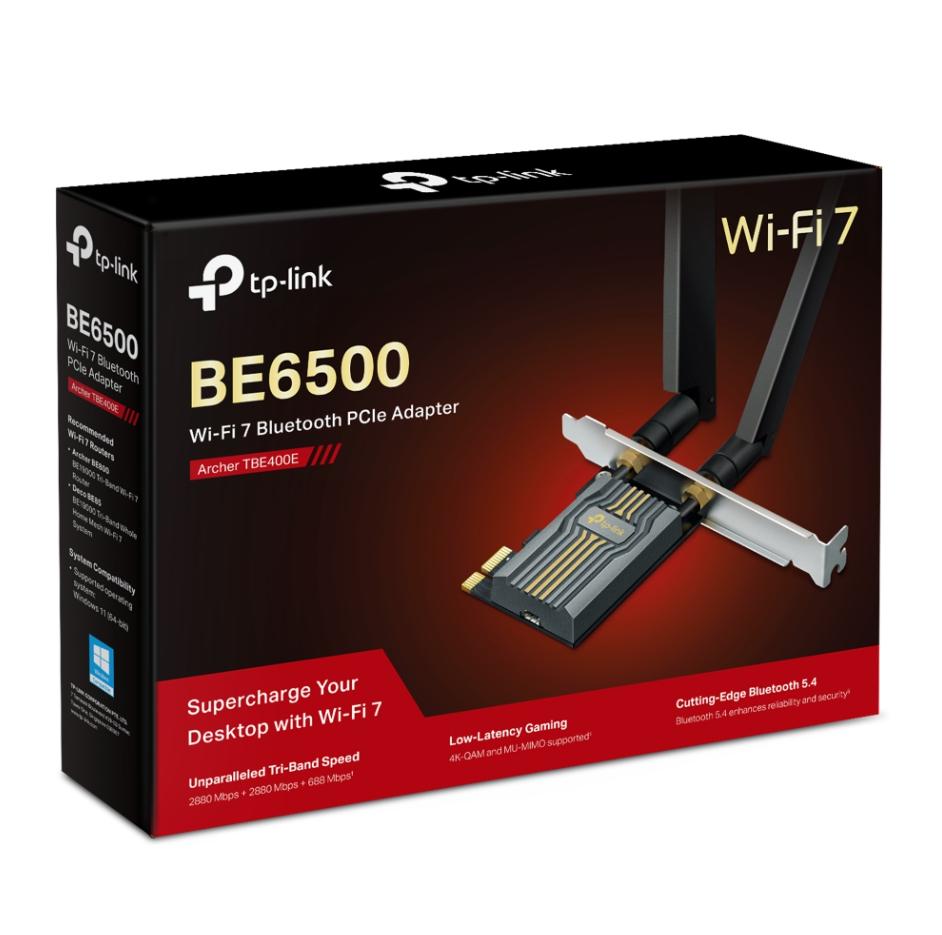 Bộ Chuyển Đổi Mạng Không Dây PCIe TP-Link Archer TBE400E Bluetooth 5.4, Ba băng tần, Chân Đế Mỏng Low-Profile, WPA3 cấp cao