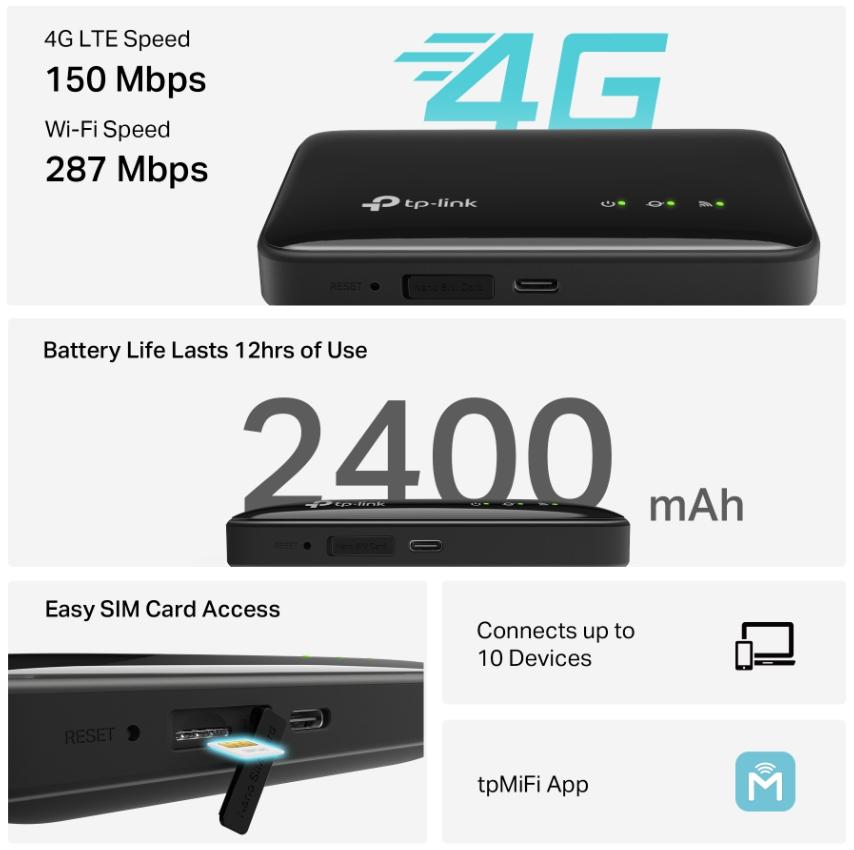 Cục Phát Wi-Fi 4G Từ SIM TP-Link M7005 Tốc Độ 150Mbps, Khe SIM Bên Hông, Kết Nối Đồng Thời 10 Thiết Bị