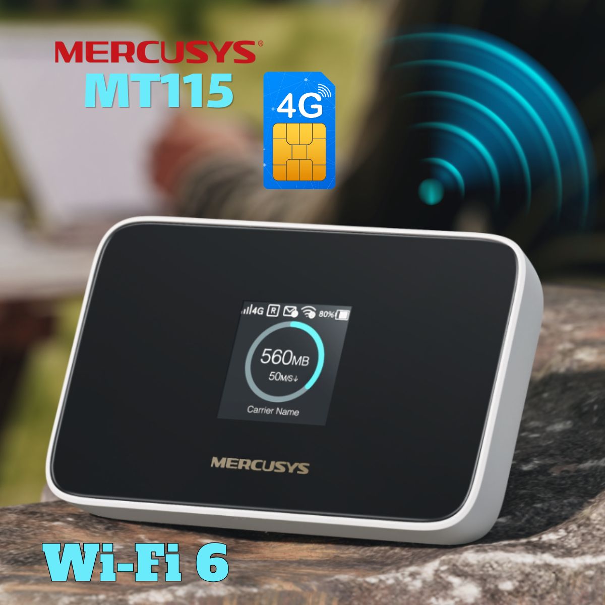 Bộ Phát WiFi Di Động 4G LTE Mercusys MT115 Chuẩn Wi-Fi 6 AX300 Có Màn Hình, Pin Đến 10 Giờ, Kết Nối 10 Thiết Bị
