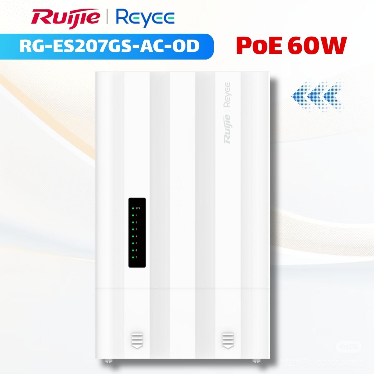 Bộ chuyển mạch Gigabit ngoài trời 7 cổng Ruijie Reyee RG-ES207GS-AC-OD PoE 60W, Đầu vào AC, 2 cổng SFP cho ERPS, IP65.