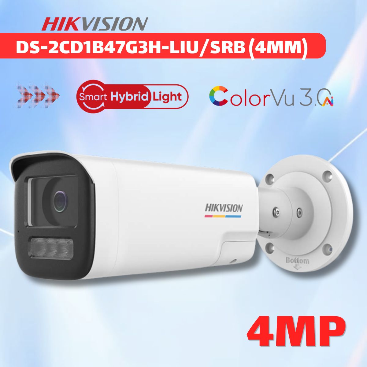 Camera IP 4MP Hikvision DS-2CD1B47G3H-LIU/SRB (4MM) ColorVu 3.0, Đàm Thoại 2 Chiều, Smart Hybrid Light 50m, Vỏ Kim Loại IP67