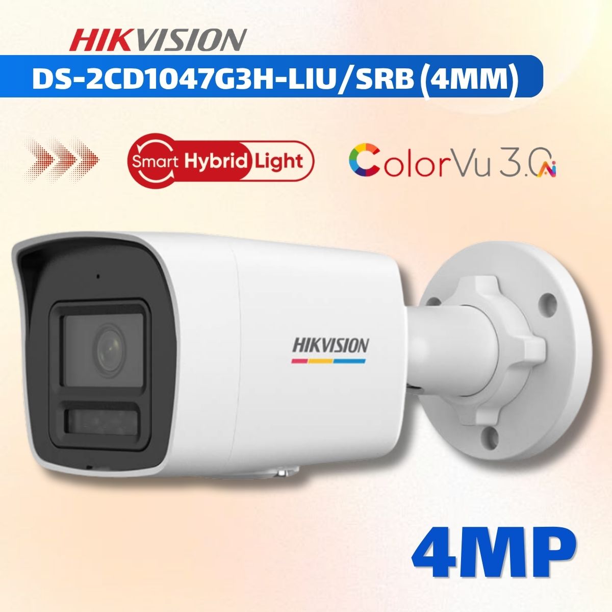 Camera IP 4MP Hikvision DS-2CD1047G3H-LIU/SRB (4MM) ColorVu 3.0 Khẩu Độ F1.0, Có Màu 24/7, Smart Hybrid Light 30m, Tích Hợp Mic
