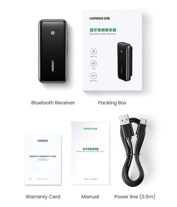 Bộ chuyển đổi Bluetooth 5.0 Ugreen 80895 CM402, Kết nối lên đến 100 mét, Receiver USB DAC 3.5mm