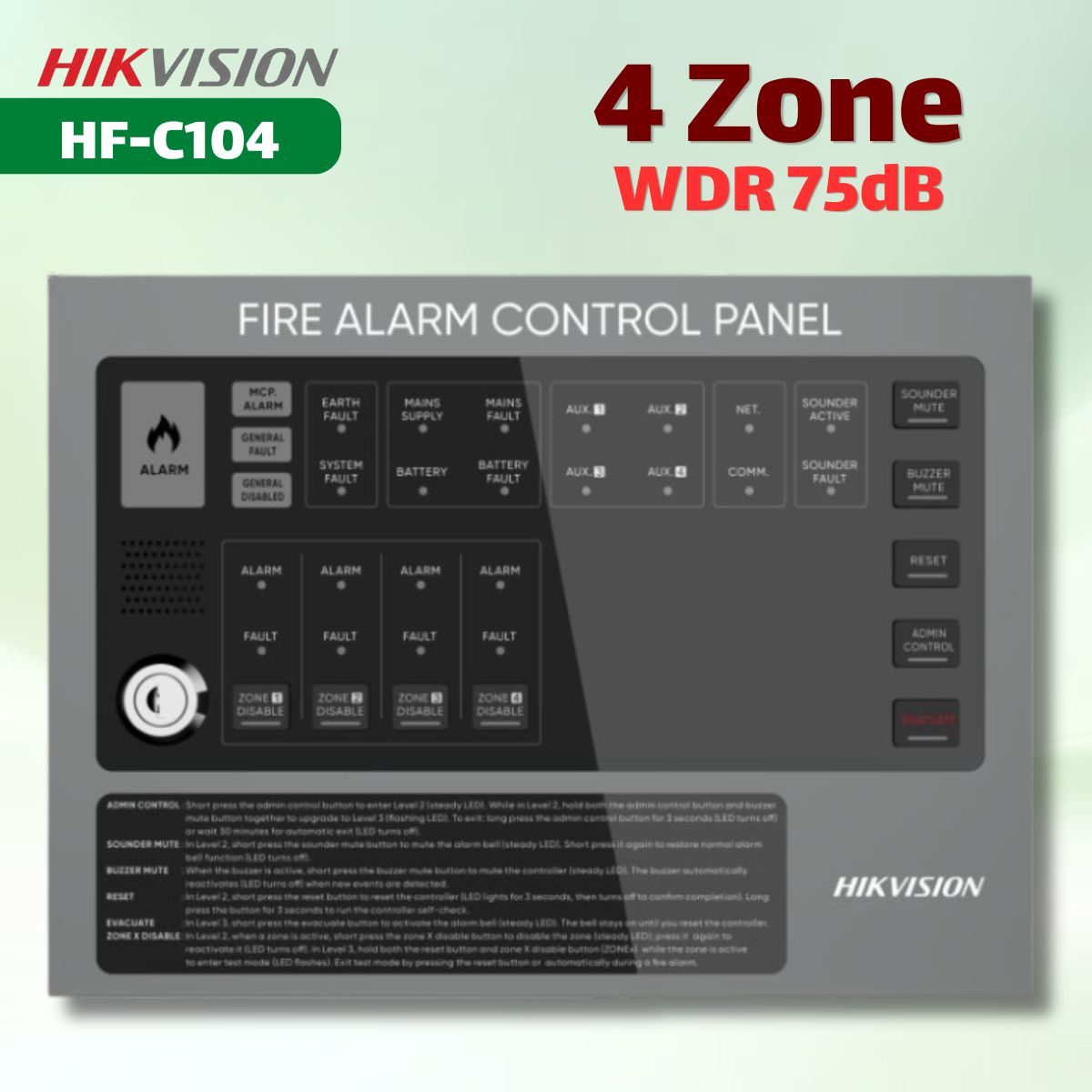 Tủ Trung Tâm Báo Cháy  4 Zone Hikfire HF-C104 Truyền Tín Hiệu 500m, Âm Báo 75dB, Nguồn ắc quy 12V