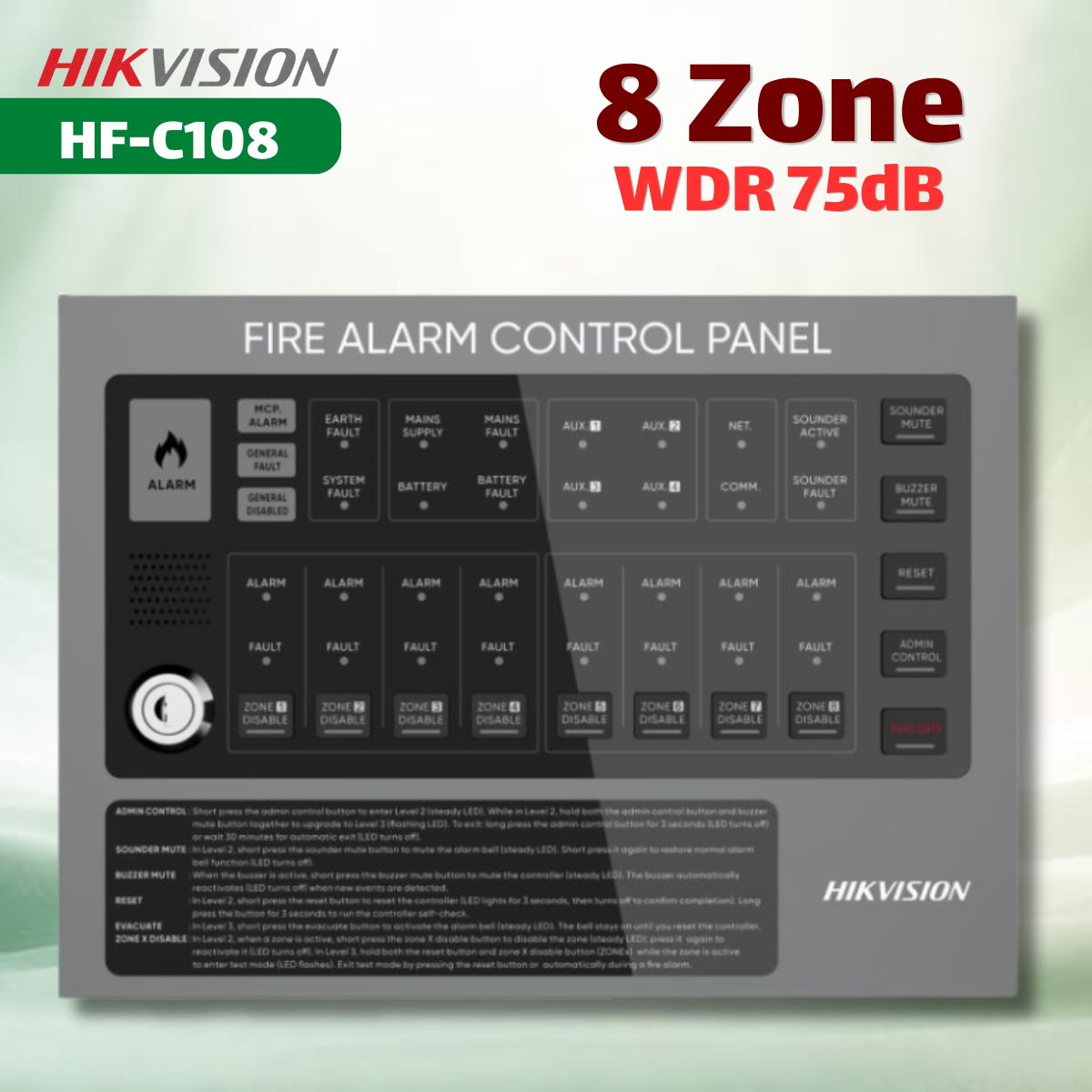 Tủ Báo Cháy 8 Zone Hikfire HF-C108 Quản Lý 256 Đầu Báo, Cổng RS485, Kết Nối 500m, Âm Báo 75dB, Kết Nối 2 Dây
