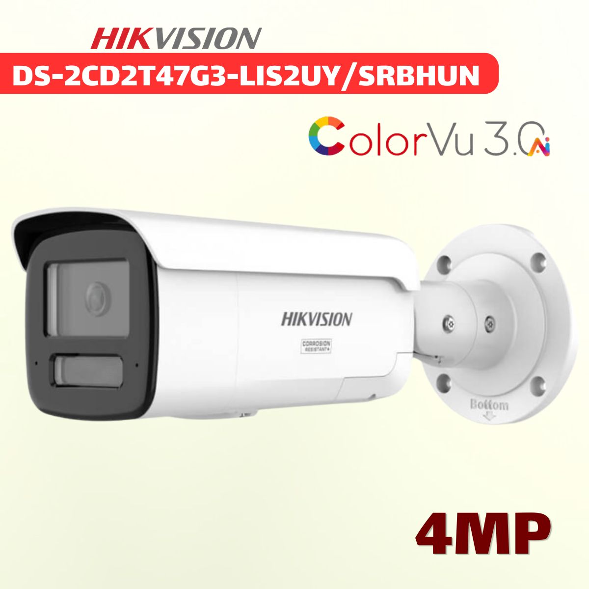 Camera Bullet IP 4MP Hikvision DS-2CD2T47G3-LIS2UY/SRBHUN ColorVu 3.0, Đàm Thoại 2 Chiều, Cảnh Báo Còi Đèn Đỏ Xanh