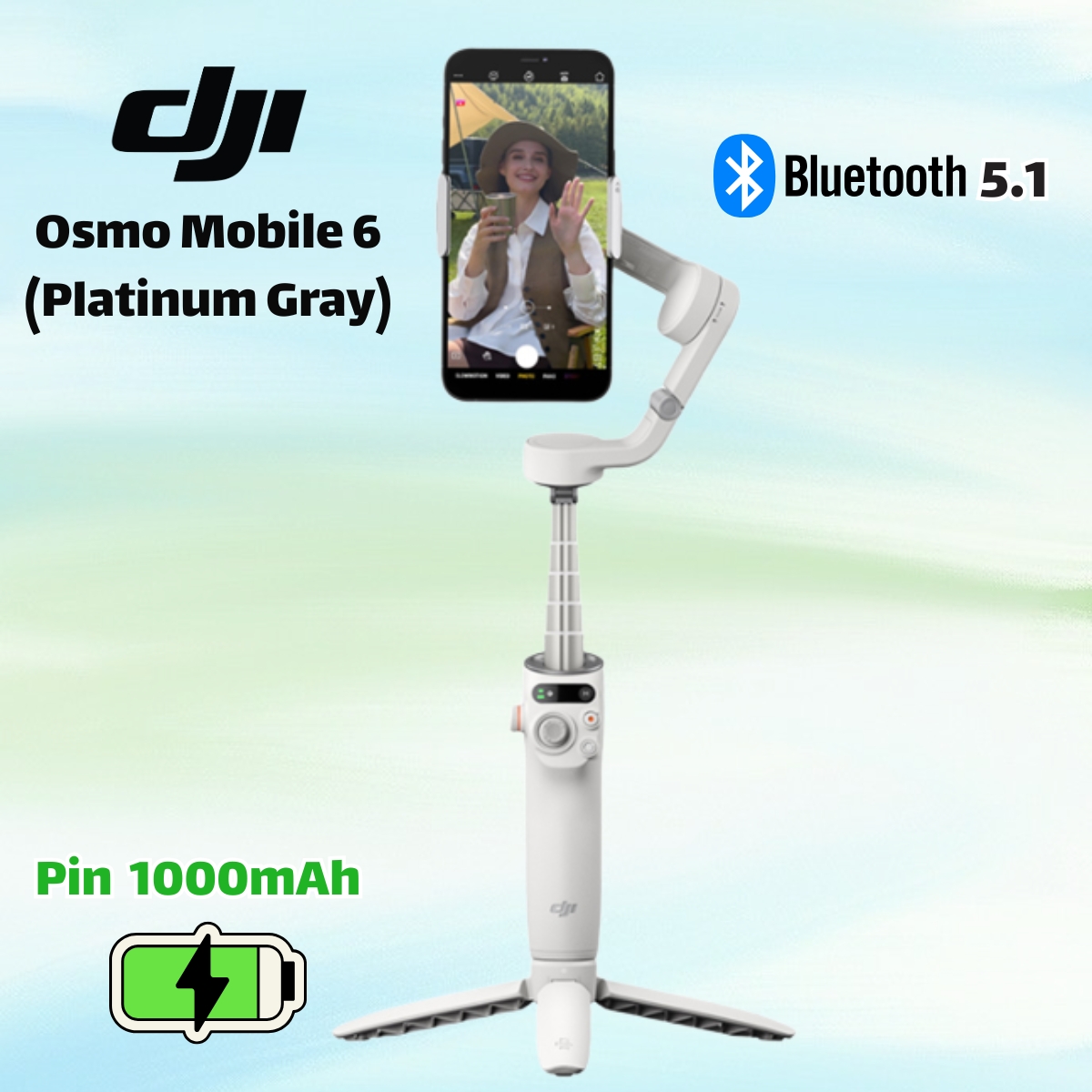 Gimbal điện thoại DJI Osmo Mobile 6 (Platinum Gray) Kết nối Bluetooth 5.1, Active Track 6.0, Chống rung 3 trục, Pin 1000 mAh 