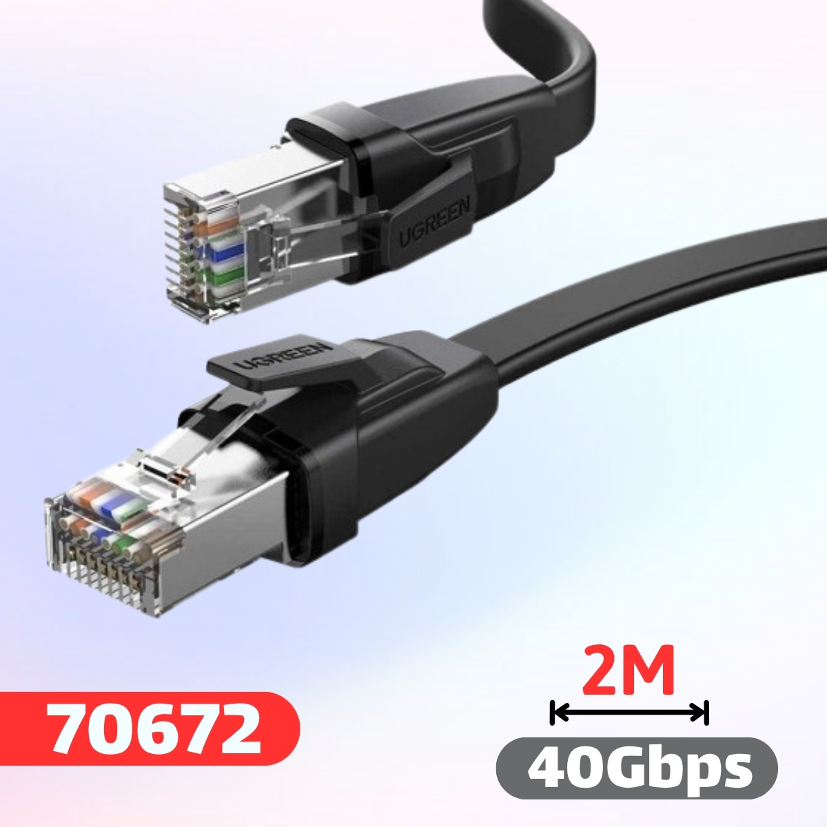Cáp mạng đúc sẵn dẹt Cat8 U-FTP Ugreen 70672 30AWG 2000Mhz dài 2M, Tốc độ truyền 40GB