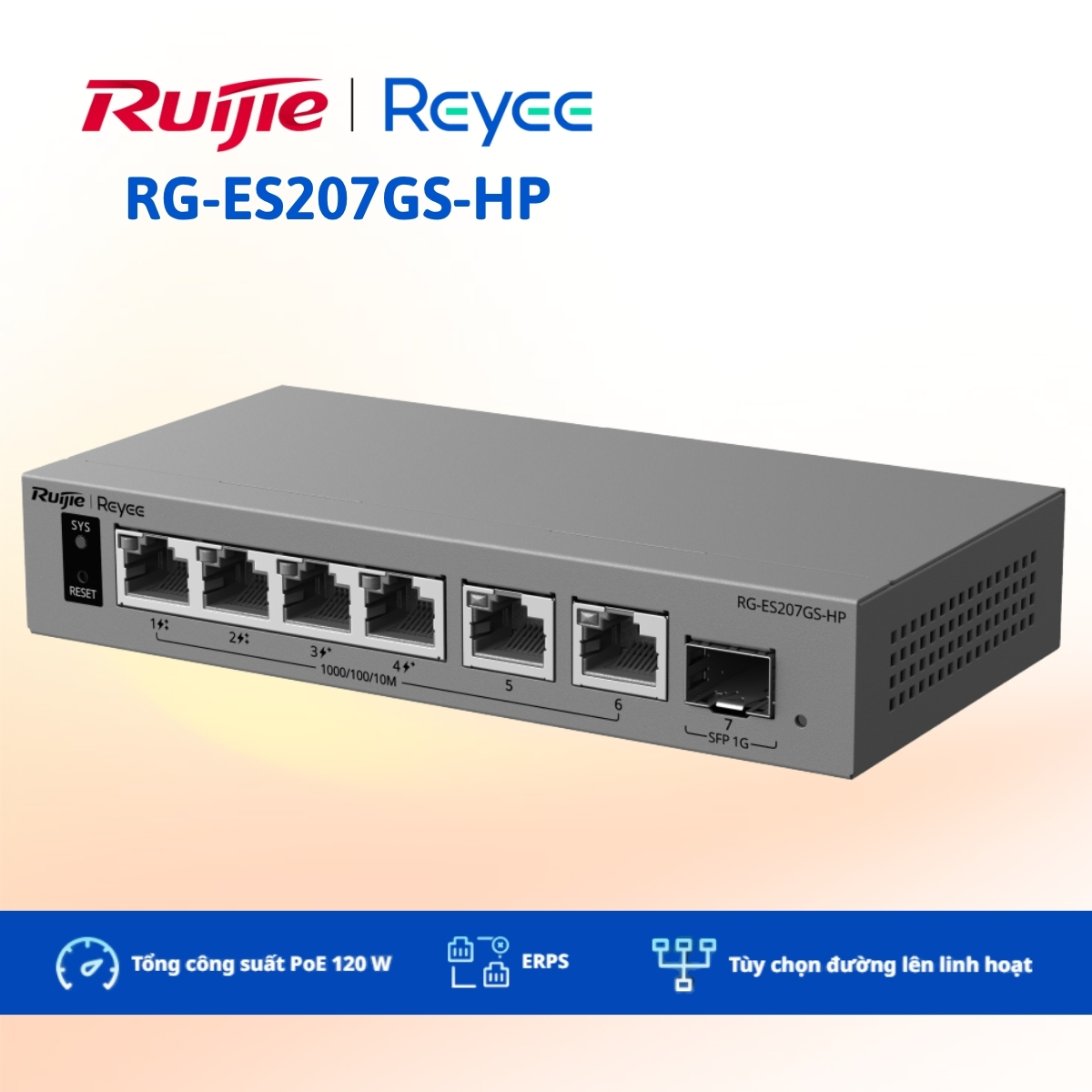Bộ chuyển mạch PoE Ruijie Reyee RG-ES207GS-HP 7 cổng, Tổng công suất PoE 120 W, Chống sét 6 kV, Gộp liên kết